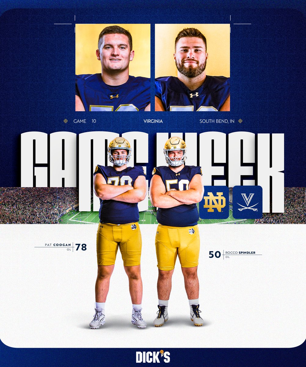 Notre Dame Football (@ndfootball) on Twitter photo 𝙂𝙖𝙢𝙚 𝙒𝙚𝙚𝙠
🆚 Virginia
📍 South Bend, Indiana
📅 Saturday, Nov. 16
🕞 3:30 PM ET
📺 NBC | Peacock
#GoIrish☘️ | <a href="/DICKS/">DICK'S Sporting Goods</a> 𝙂𝙖𝙢𝙚 𝙒𝙚𝙚𝙠
🆚 Virginia
📍 South Bend, Indiana
📅 Saturday, Nov. 16
🕞 3:30 PM ET
📺 NBC | Peacock
#GoIrish☘️ | <a href="/DICKS/">DICK'S Sporting Goods</a>