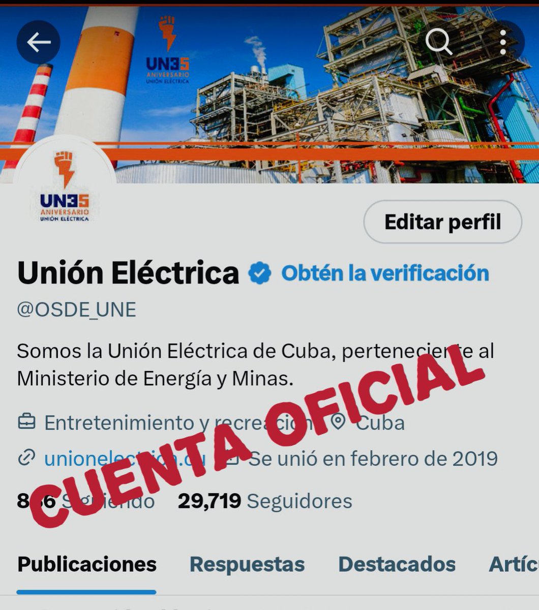 GobiernoCuba's tweet photo. 🚨 | La cuenta de la Unión Eléctrica es 👉 @OSDE_UNE.

Mantengámonos informados por los canales oficiales. https://t.co/58uuNmaLeE
