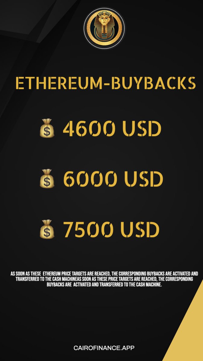 🚨 Important info about the Ethereum buybacks! 🚨

Dear Cairo Community, 
from now on, the following price targets apply for the increase of buybacks from the treasury that flow into the cash machine: 

💰 4600 USD 
💰 6000 USD 
💰 7500 USD 

As soon as these price targets are