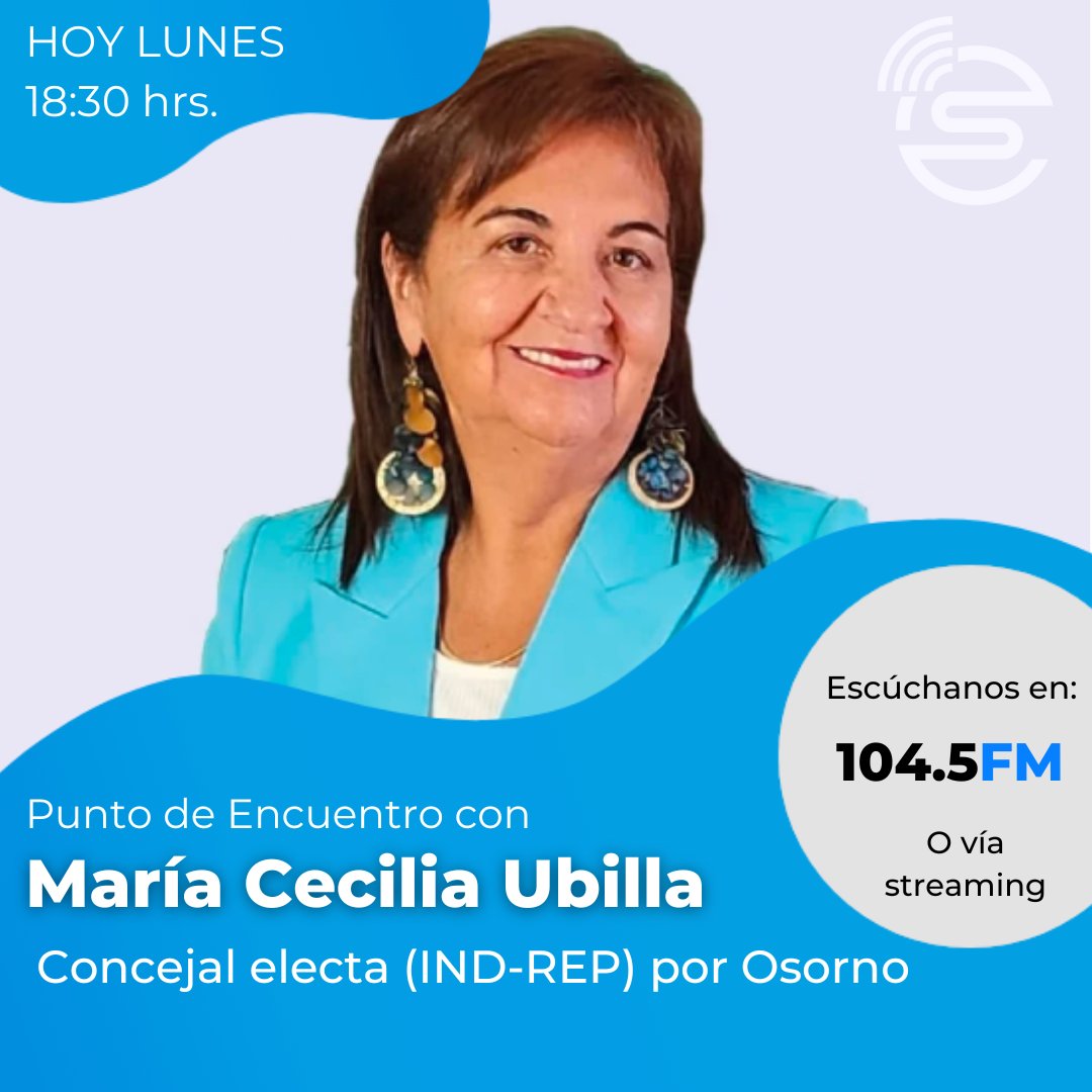 SinergiaOsorno's tweet photo. Hoy lunes en 𝑷𝒖𝒏𝒕𝒐 𝒅𝒆 𝑬𝒏𝒄𝒖𝒆𝒏𝒕𝒓𝒐 estaremos conversando con la concejal electa de #Osorno, 𝑪𝒆𝒄𝒊𝒍𝒊𝒂 𝑼𝒃𝒊𝒍𝒍𝒂. ¡A las 18:30 horas! ¡No te lo pierdas! #RadioSinergia #SinergiaOsorno #Municipales2024 https://t.co/ZId8hvAewv