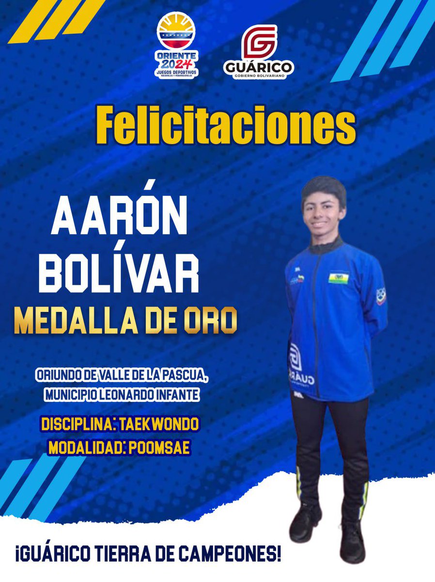 ¡Otra medalla de oro para Guárico! 🥇 Nuestro atleta abanderado Aarón Bolívar, oriundo de Valle de la Pascua, obtuvo medalla de oro en la disciplina de Taekwondo modalidad poomsae en los Juegos Deportivos Nacionales Oriente 2024.