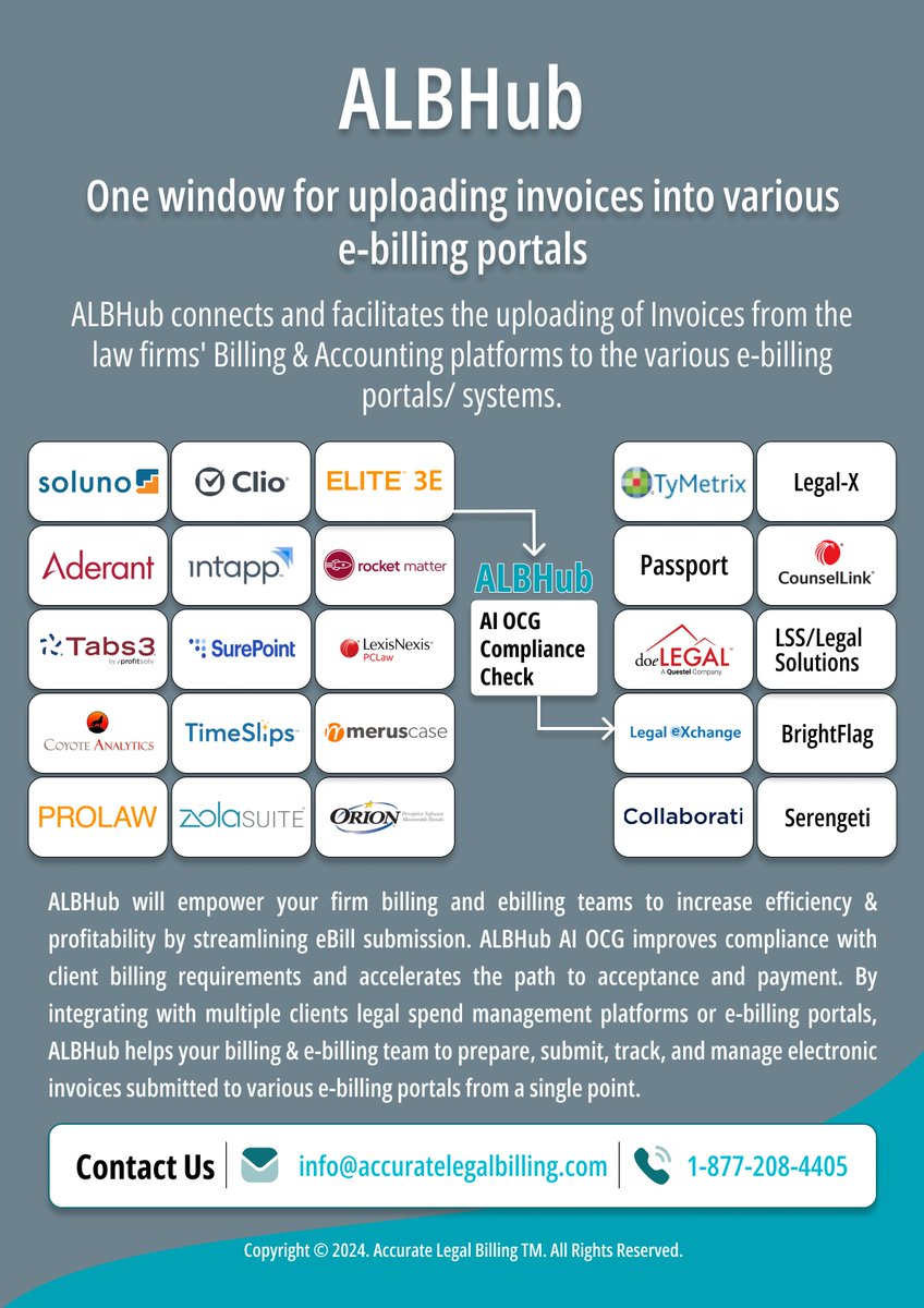 acc_legal_bill's tweet image. Enjoy seamless e-bill management with ALBHub! Connect, upload, and streamline invoices across multiple portals, empowering your billing teams for productivity and profitability. 👉 bit.ly/3xycYhN

#ALBHub #ALB #AI #OCGCompliance #LegalTech #LawFirm #Ebilling #Invoicing