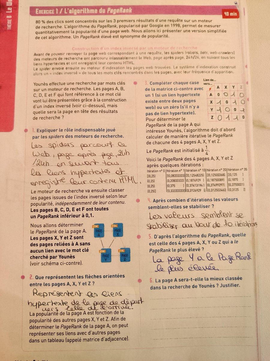 Exercice de mathématiques d'un élève de seconde au sujet du PageRank 😍