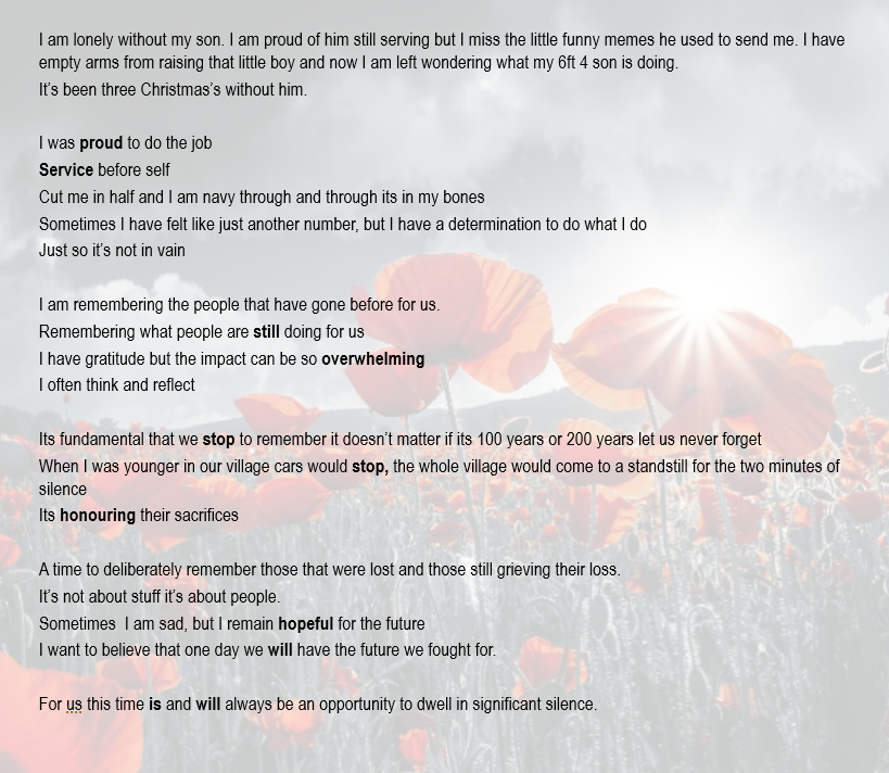 Last week we &amp; others across <a href="/HIOWH_NHSFT/">Hampshire and IOW Healthcare NHS Foundation Trust</a>  reflected on our thoughts around #RemembanceDay &amp; the words have then created this poem by Ophelia Watson. We read this out at the Parklands Hospital service today #LestWeForget #WeWillRememberThem