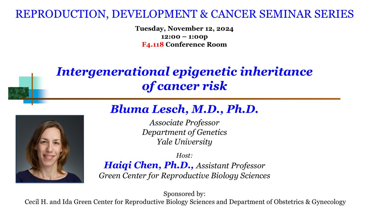 Green Center for Reproductive Biology Sciences (@utswgreencenter) on Twitter photo Join us tomorrow at noon with <a href="/UTSW_ObGyn/">UTSW_ObGyn</a> in F4.118 for this month's Reproduction, Development & Cancer Seminar by Bluma Lesch <a href="/ambystoma22/">Bluma Lesch</a> from <a href="/Yale/">Yale University</a> on "Intergenerational epigenetic inheritance of cancer risk" Join us tomorrow at noon with <a href="/UTSW_ObGyn/">UTSW_ObGyn</a> in F4.118 for this month's Reproduction, Development & Cancer Seminar by Bluma Lesch <a href="/ambystoma22/">Bluma Lesch</a> from <a href="/Yale/">Yale University</a> on "Intergenerational epigenetic inheritance of cancer risk"