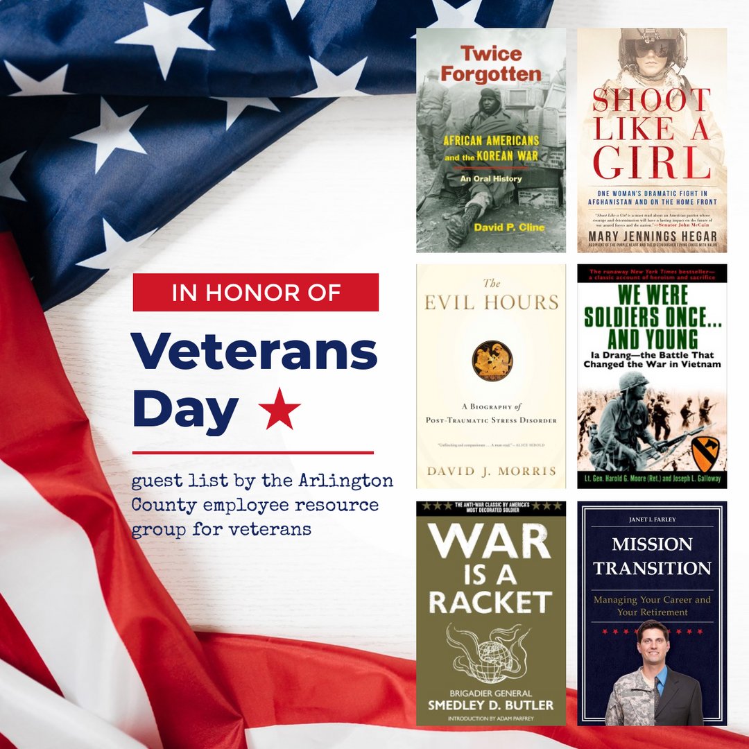 The library is closed today in honor of Veterans Day.

To honor the day, Arlington County's employee resource group for veterans recommends these books:

libcat.arlingtonva.us/MyAccount/MyLi…