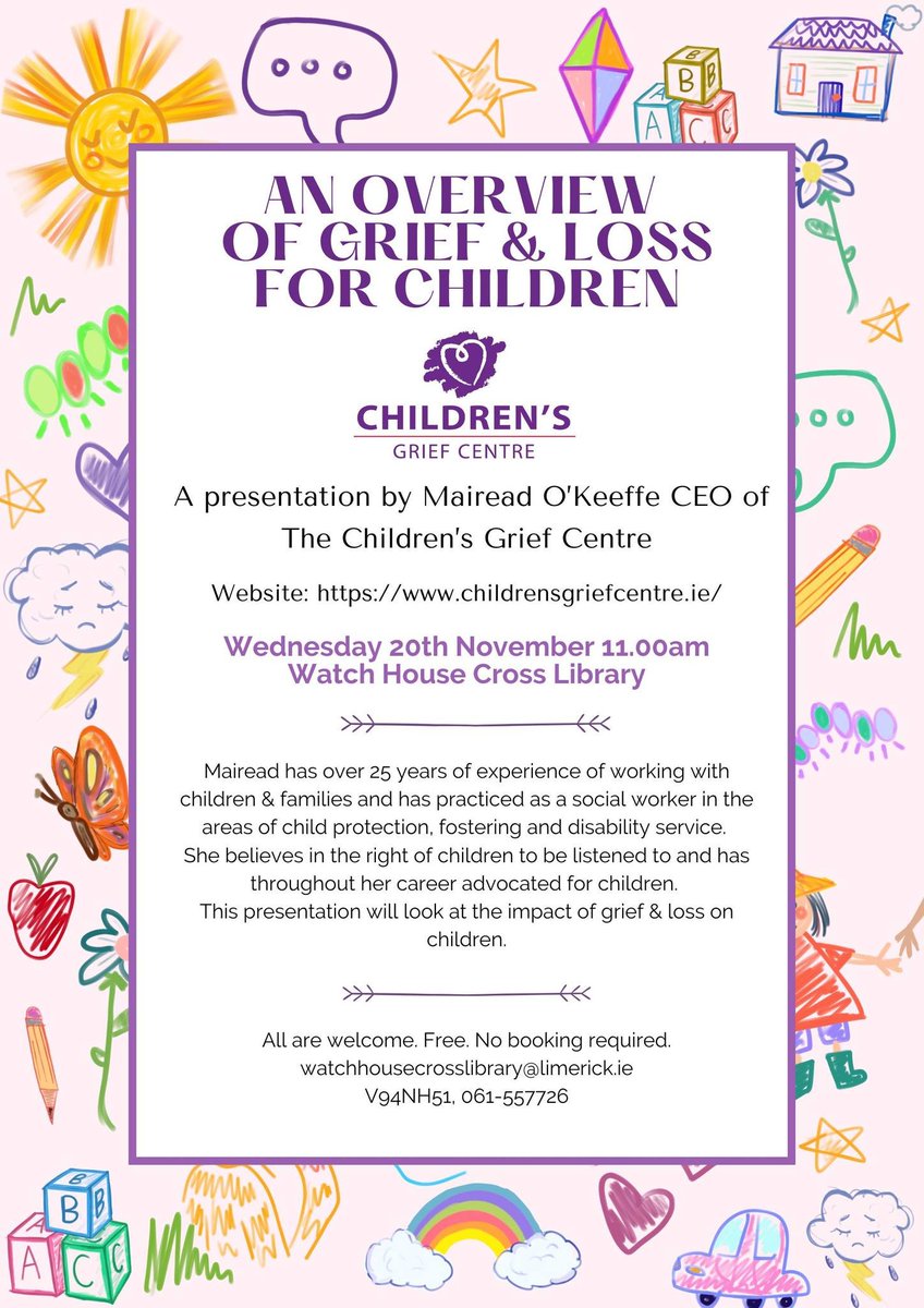 Limerick Libraries (@limklibraries) on Twitter photo We are delighted to share that Mairead O’Keeffe CEO <a href="/children_grief/">Children's Grief Centre</a> will deliver a presentation at #WatchHouseCrossLibrary on Wednesday November 20th @ 11am.
FREE event, no booking required.
For more info:
📧watchhousecrosslibrary@limerick.ie
☎️061-557726
#LimerickLibraries We are delighted to share that Mairead O’Keeffe CEO <a href="/children_grief/">Children's Grief Centre</a> will deliver a presentation at #WatchHouseCrossLibrary on Wednesday November 20th @ 11am.
FREE event, no booking required.
For more info:
📧watchhousecrosslibrary@limerick.ie
☎️061-557726
#LimerickLibraries