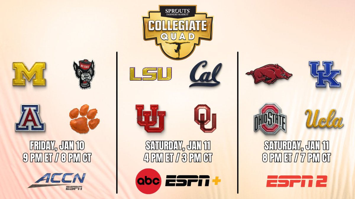 Presale tickets are LIVE for the Sprouts Farmers Market Collegiate Quad in #OKC! 🌟 Use code 405LIVE to secure your spot early and witness top gymnastics teams in action on January 10-11! 🏆🤸

Don’t miss out 👉 bit.ly/SCQTix

#SproutsCollegiateQuad #405LIVE