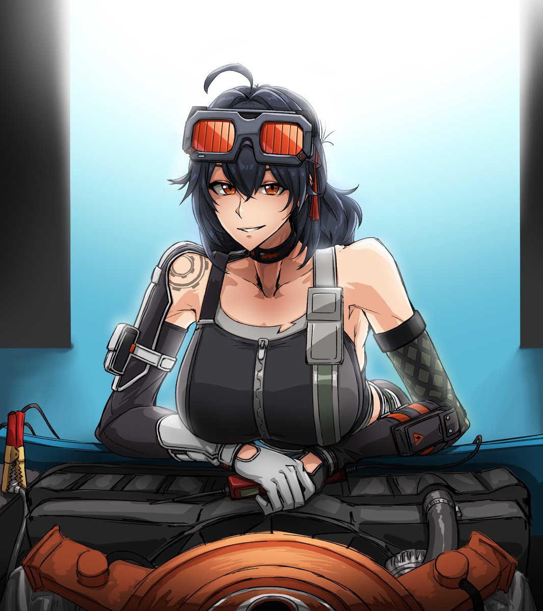 Grace Howard leaning over the 440 Magnum of a 1971 Dodge Charger
----
#art #anime #ZZZ #ZenlessZoneZero #fanart