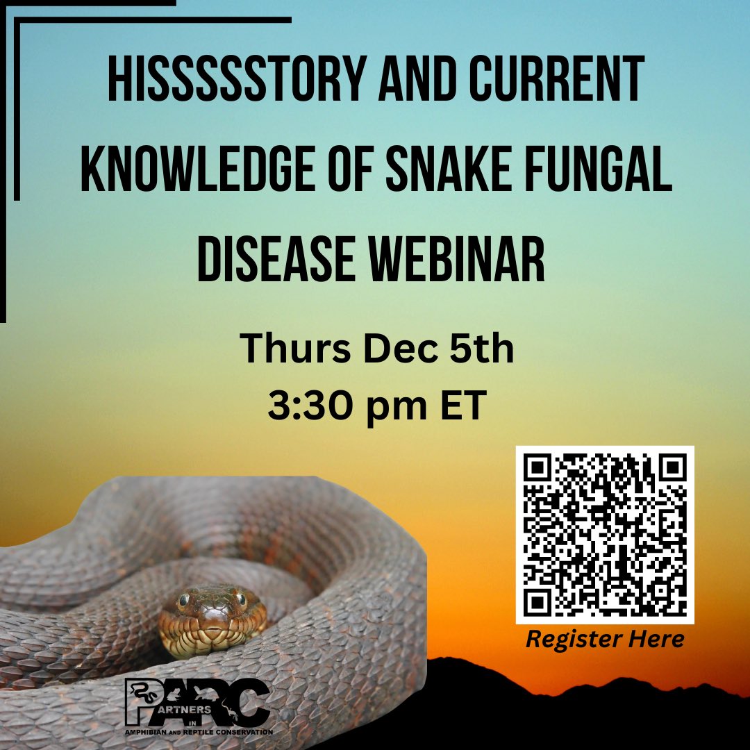 PARC’s Disease Task Team will be hosting their next webinar on snake fungal disease on Thursday December 5th from 3:30-5:00pm ET on Zoom. Register at fishwildlife-org.zoom.us/meeting/regist…

#conservation #snake #snakesofinstagram #🐍 #snakefungaldisease #webinar #parc #biology