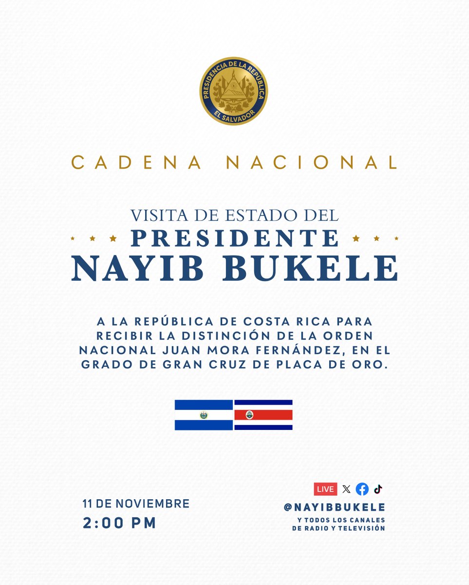 Están todos invitados a sintonizar la Visita de Estado a la República de Costa Rica 🇨🇷 

Hoy a las 2:00 pm, en Cadena Nacional de Radio y Televisión.

También podrán verlo aquí, en X Live.