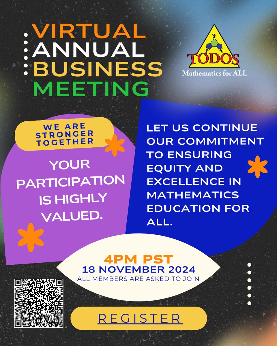 TODOS Annual Business Meeting, held virtually this year, provides an opportunity for members to hear directly from the Board of Directors, as we highlight accomplishments and share financial information and strategic plans.  
Register: us02web.zoom.us/webinar/regist…
#MathEquity