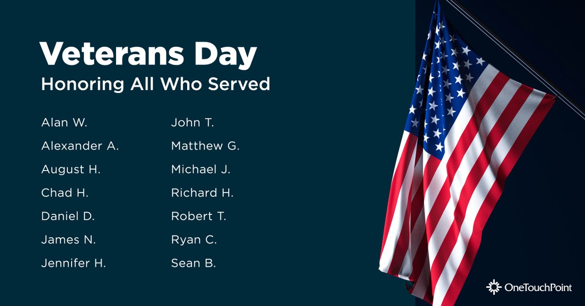 OneTouchPoint's tweet photo. On this Veterans Day, we take a moment to recognize and celebrate the incredible men and women who have bravely served our nation, including our fellow team members at OneTouchPoint. Thank you for your service. https://t.co/gyn9yhaZk4