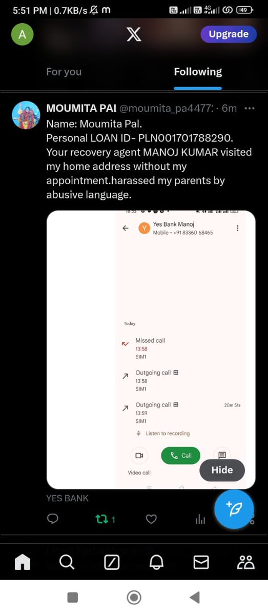 moumita_pa44772's tweet photo. Your collection maneger MD.Azharruddin called me through agent ph no. and used abusive languages.and threaten me forcefully go to my office adress..which is unethical.take necessary action.
Moumita https://t.co/iFbpcFAWrJ a/c no.PLN001701788290.@YESBANK @RBI @FinMinIndia https://t.co/BfJobQEZaz