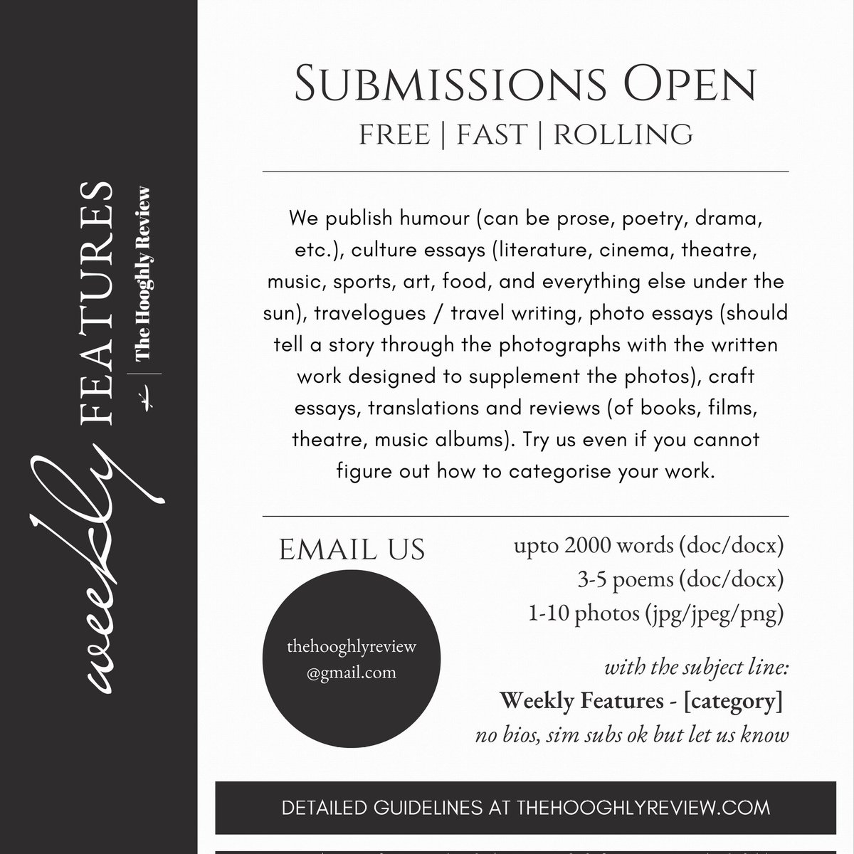 We are hungry for submissions. It's free and we respond within a month (often within days). 
thehooghlyreview.com/weekly-feature… 
#WritingCommunity