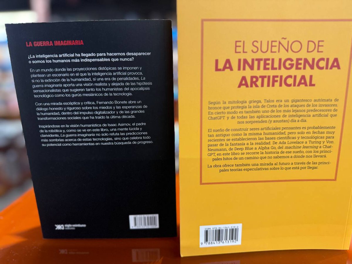 Librería Gigamesh (@gigameshtienda) on Twitter photo 🤖 Dos ensayos que te harán replantearte todo lo que sabías sobre inteligencia artificial 💻
🐑 "El sueño de la inteligencia artificial", de <a href="/gisbanos/">Gisela Baños</a>
gigamesh.com/libro/el-sueno…
💀 Y "La guerra imaginaria", de Fernando Bonete Vizcaíno (<a href="/en_bookle/">Fernando Bonete</a>)
gigamesh.com/libro/la-guerr… 🤖 Dos ensayos que te harán replantearte todo lo que sabías sobre inteligencia artificial 💻
🐑 "El sueño de la inteligencia artificial", de <a href="/gisbanos/">Gisela Baños</a>
gigamesh.com/libro/el-sueno…
💀 Y "La guerra imaginaria", de Fernando Bonete Vizcaíno (<a href="/en_bookle/">Fernando Bonete</a>)
gigamesh.com/libro/la-guerr…