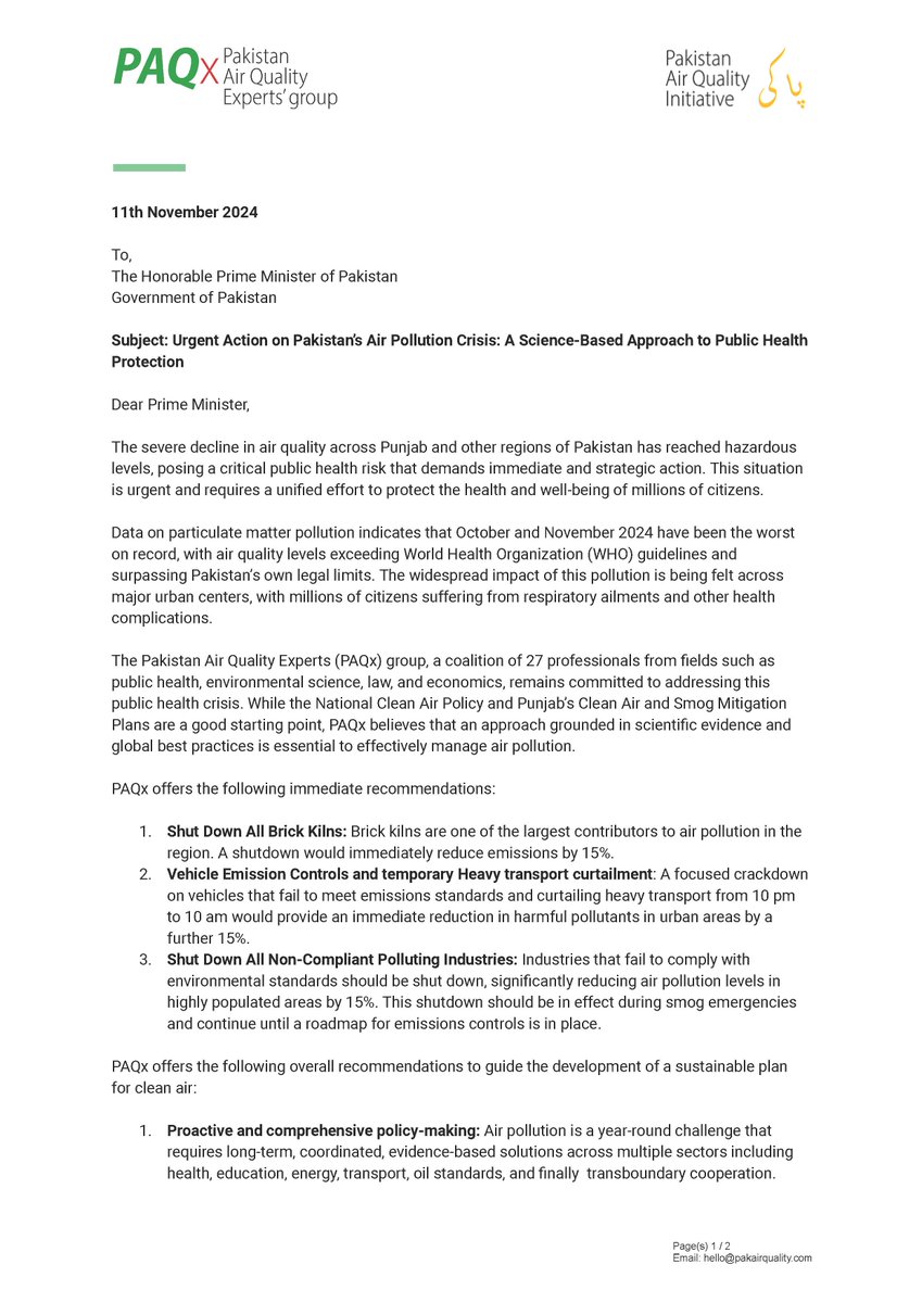 PakistanAirQuality (@pakairquality) on Twitter photo PAQx is writing to <a href="/PakPMO/">Prime Minister's Office</a> <a href="/CMShehbaz/">Shehbaz Sharif</a> urging steps for tackling the hazardous #AirQuality affecting most of #Pakistan.
Immediate steps to take:
• Shutdown all Brick Kilns
• Vehicle emission checks & Heavy Transport curtailment
• Shutdown non-compliant Industrial units
1/2 PAQx is writing to <a href="/PakPMO/">Prime Minister's Office</a> <a href="/CMShehbaz/">Shehbaz Sharif</a> urging steps for tackling the hazardous #AirQuality affecting most of #Pakistan.
Immediate steps to take:
• Shutdown all Brick Kilns
• Vehicle emission checks & Heavy Transport curtailment
• Shutdown non-compliant Industrial units
1/2