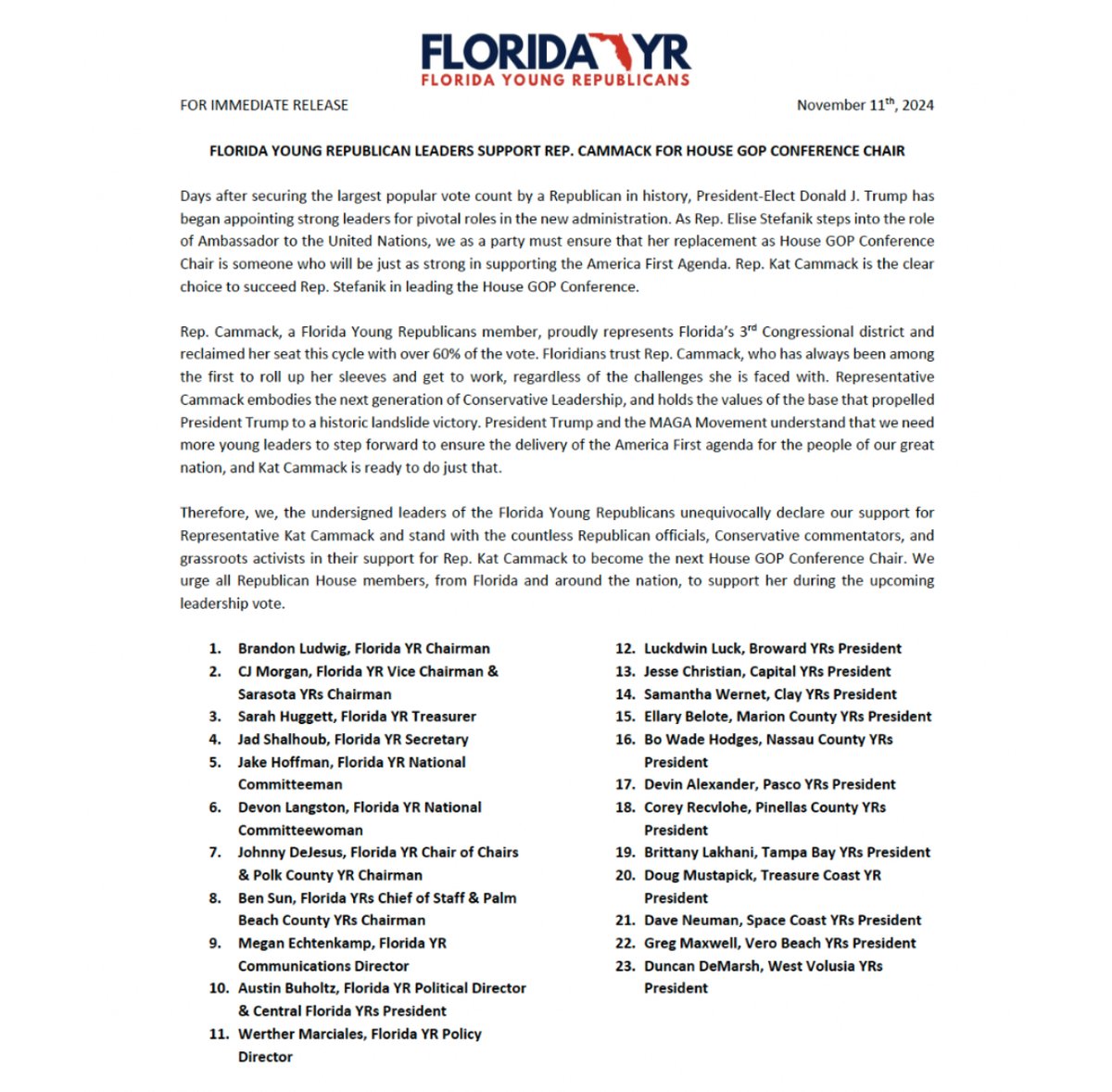 Florida YR Leadership is proud to be the first organization in the country to endorse Congresswoman Kat Cammack to serve as the House Conference Chair.