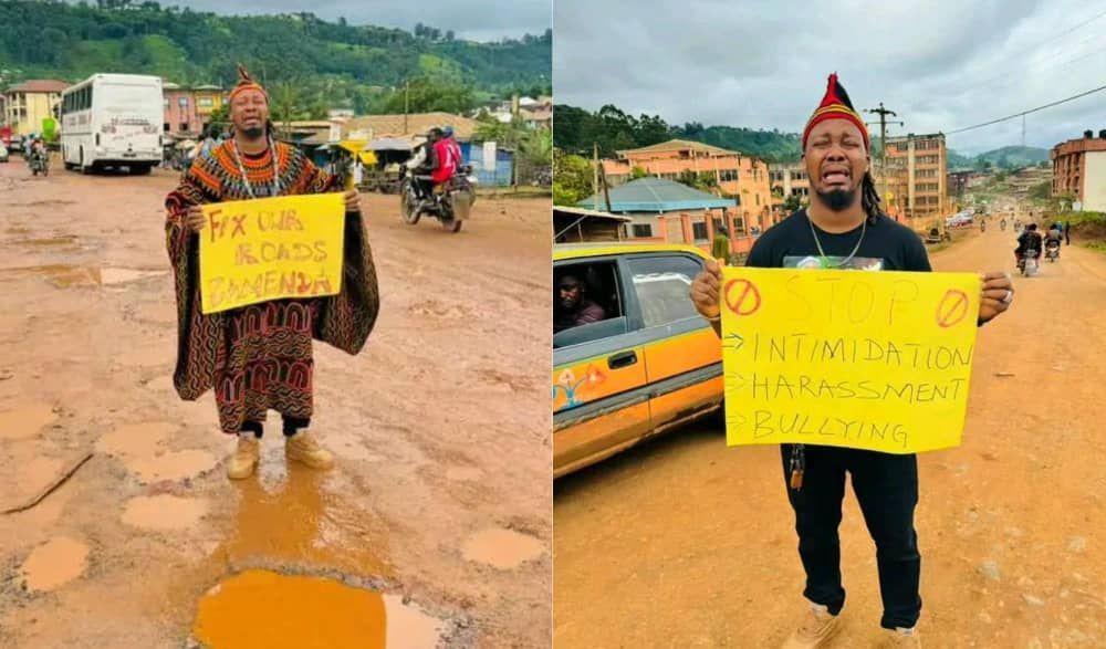 MimiMefoInfo's tweet photo. Cameroonian comedian Tembu Daniel Ebere, known popularly as 237 Towncryer, has taken to the streets of Bamenda to protest against bad roads. He was seen brandishing placards calling in authorities to “Fix our roads" and to “Stop intimidation and harassment." He also stated, “My people are living in fear” and “There is hunger.”  Will they listen? https://t.co/OSwbcSZSmt 

#Cameroon #237Towncryer #Badroads #comedy #activism #news