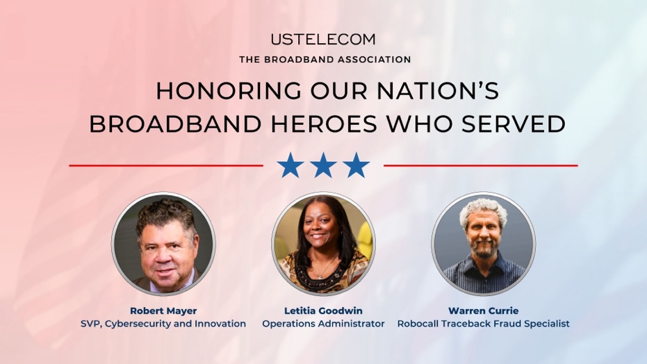USTelecom's tweet photo. #USTelecom celebrates #VeteransDay by honoring the brave military veterans on our team that have served our country. ⭐ ⭐ ⭐ We thank you for your service. https://t.co/OgBLTvlJ04
