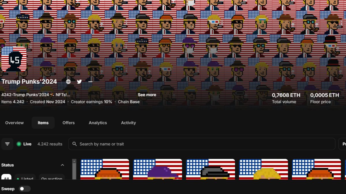 eustun_nft's tweet image. All sold out ✊ Trump Punks&apos;2024 
1 #ETH total volume and more ready to be noticed #BASED #Trump2024 
opensea.io/collection/tru…