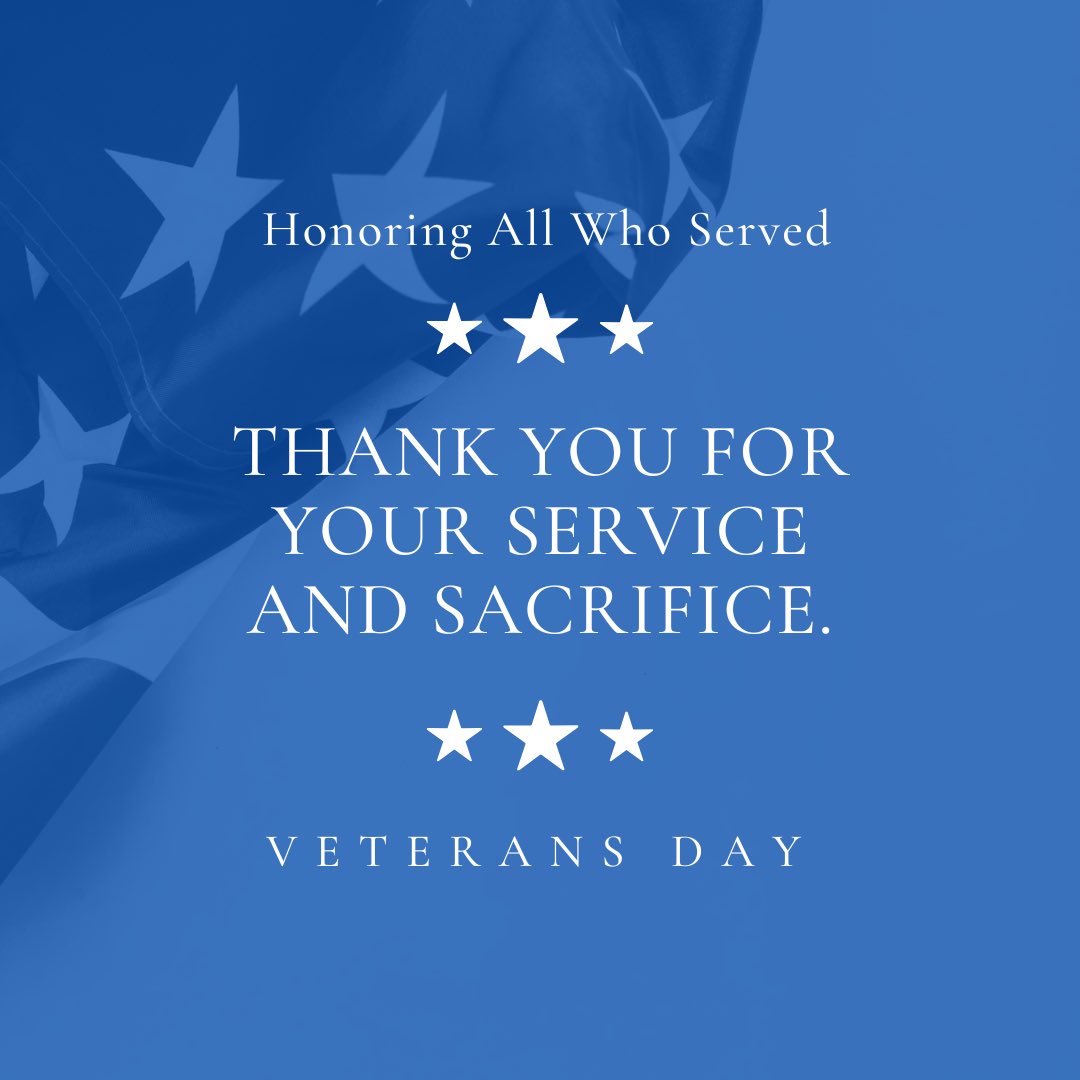Today, we honor the courage, sacrifice, and dedication of our Veterans. Their service is a testament to our nation’s strength and resilience. Let us strive to support our heroes and their families not just today, but every day. 

Thank you to all who have served. #VeteransDay 🇺🇸