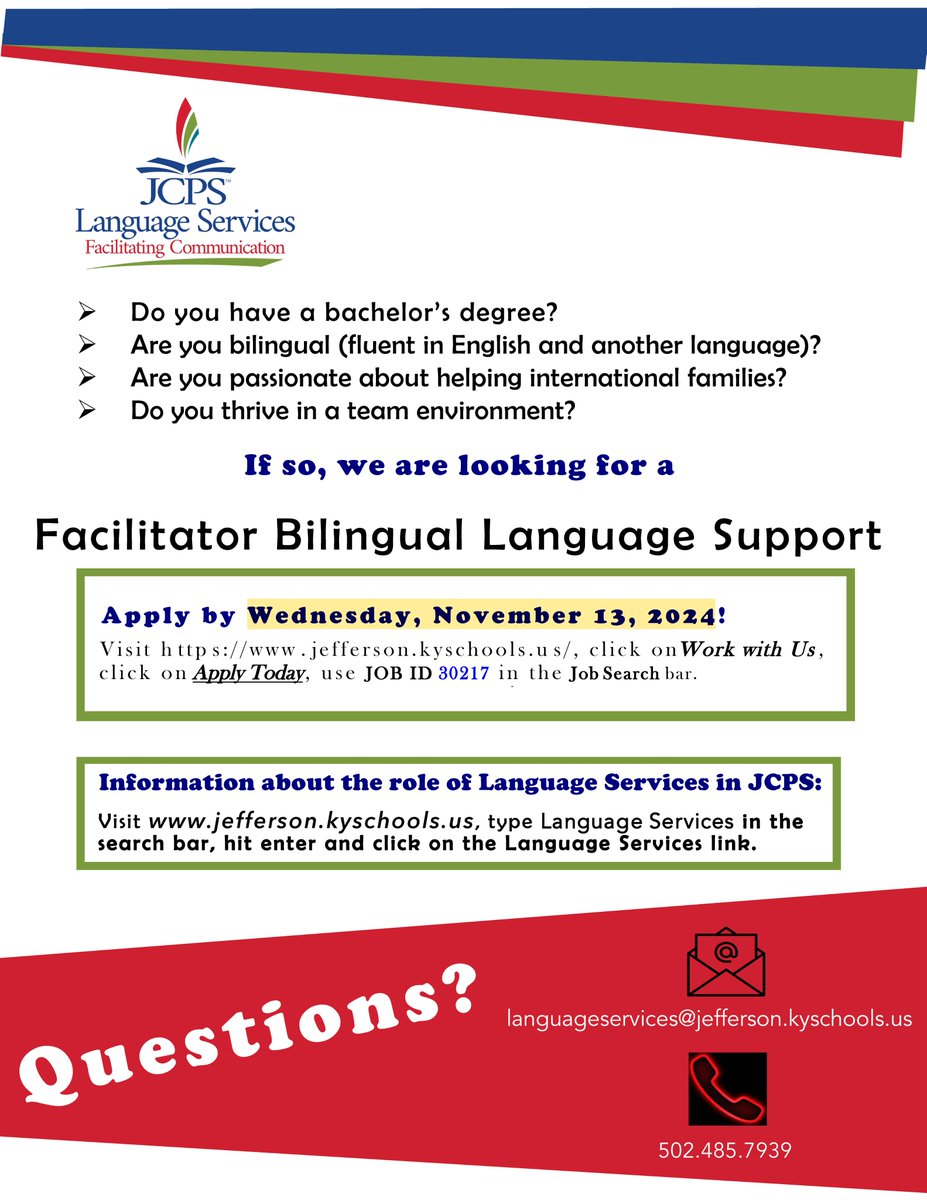 JCPS Language Services (@jcpsls) on Twitter photo 📢We are hiring‼️ Are you passionate about helping international populations🌎? Our office enhances district communications with JCPS students, families and employees.
Come join our Team‼️
#EquitythroughLanguageAccess
#WeAreJCPS
<a href="/DrJillHandley/">Jill Handley</a>
<a href="/JCPSAsstSuptASP/">Dr. Alicia Averette</a> 📢We are hiring‼️ Are you passionate about helping international populations🌎? Our office enhances district communications with JCPS students, families and employees.
Come join our Team‼️
#EquitythroughLanguageAccess
#WeAreJCPS
<a href="/DrJillHandley/">Jill Handley</a>
<a href="/JCPSAsstSuptASP/">Dr. Alicia Averette</a>