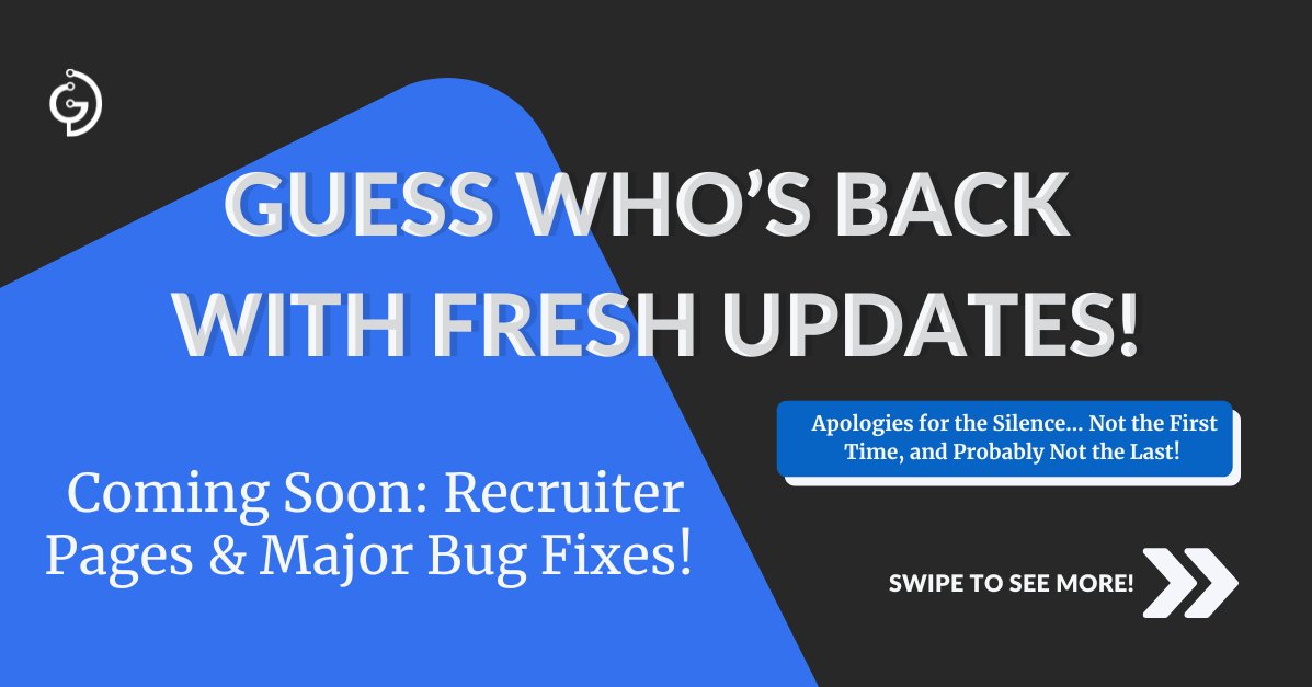 GIBE_TECH's tweet photo. https://t.co/eBtPcMEfJ0 is back! 💪

After a 3-week pause, we’re here with updates:
1. New Recruiter Pages 🎉
2. Bug fixes 🐛

Check it out at https://t.co/FrxqcCz1ku and share feedback! #GibeTech #Updates https://t.co/jV1JORYykQ