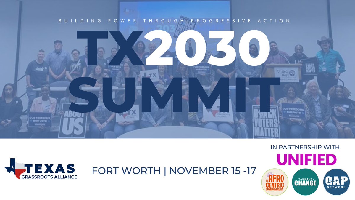 Let's come together as community and work on the next steps.  

Join us at the TX2030 Summit in 2024!!! RSVP TODAY! 
actionnetwork.org/events/tga-203…

We have a full agenda this upcoming weekend in Fort Worth, TX!!! #Organize #Community #TX2030 #TGASummit