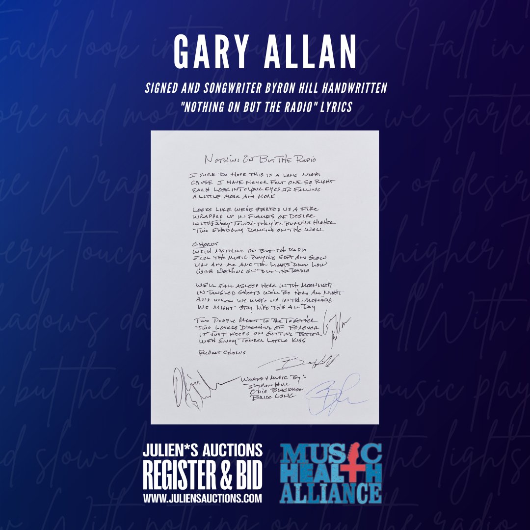 GaryAllan (@garyallan) on Twitter photo You can now bid on signed handwritten lyrics of “Nothing on but the Radio” through the ‘Lyrics For A Cause’ auction, which benefits <a href="/musichealthall/">Music Health Alliance</a> & is hosted by <a href="/JuliensAuctions/">Julien's Auctions</a>. The auction is open for advance bidding NOW at bit.ly/LyricsForACaus… & closes on November 21st. You can now bid on signed handwritten lyrics of “Nothing on but the Radio” through the ‘Lyrics For A Cause’ auction, which benefits <a href="/musichealthall/">Music Health Alliance</a> & is hosted by <a href="/JuliensAuctions/">Julien's Auctions</a>. The auction is open for advance bidding NOW at bit.ly/LyricsForACaus… & closes on November 21st.