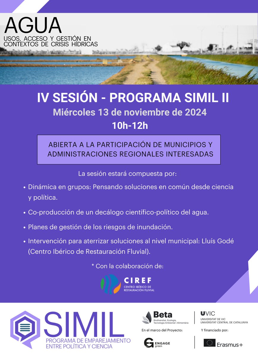 Simil_cat's tweet photo. 💧¿Eres parte de una administración pública? ¿Te interesa la gestión del agua? Te esperamos este miércoles 13 de noviembre (10h) ‼️
 
🟣Buscaremos soluciones en común y Lluís Godé, del @Cirefluvial, nos hablará de restauración fluvial y gestión del riesgo de inundación. https://t.co/8IlVX4Nf1r