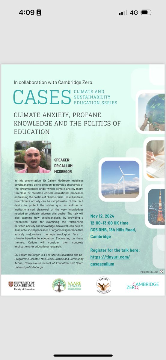 Camilla Hadi Chaudhary (@camillahch) on Twitter photo Looking forward to our next Climate and Sustainability Education Seminar (CASES) in person <a href="/CamEdFac/">Faculty of Education, University of Cambridge</a> and online: ‘Climate Anxiety, Profane Knowledge and the Politics of Education’ with Dr Callum McGregor <a href="/MorayHouseCEID/">CEID Community at Moray House</a>. Register here: tinyurl.com
casescallum Looking forward to our next Climate and Sustainability Education Seminar (CASES) in person <a href="/CamEdFac/">Faculty of Education, University of Cambridge</a> and online: ‘Climate Anxiety, Profane Knowledge and the Politics of Education’ with Dr Callum McGregor <a href="/MorayHouseCEID/">CEID Community at Moray House</a>. Register here: tinyurl.com
casescallum