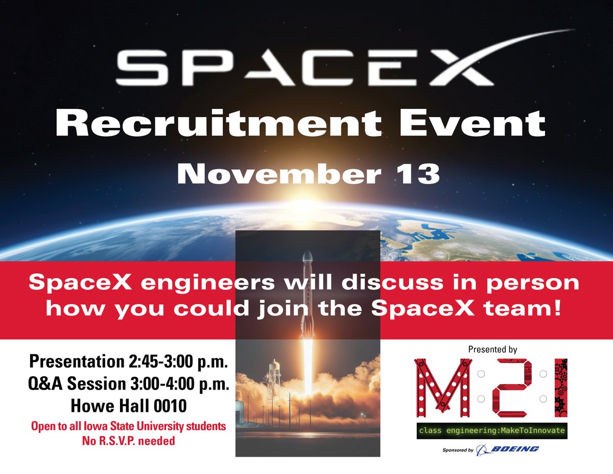 Want an insider edge on how you could work for SpaceX? Join us Wednesday for this special event! <a href="/make2innovate/">Make2Innovate</a> <a href="/IowaSpaceGrant/">Iowa Space Grant</a>