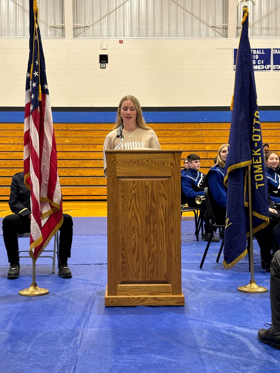 TheJaysZone's tweet photo. As we celebrate Veterans Day, thank you to those who are currently serving or have served our country in the past. Also, shout out to Ava Knox, our Cornhusker Girls State representative, who was a featured speaker. #piercebluejays #AlwaysRememberNeverForget https://t.co/ZGjShrGeDw