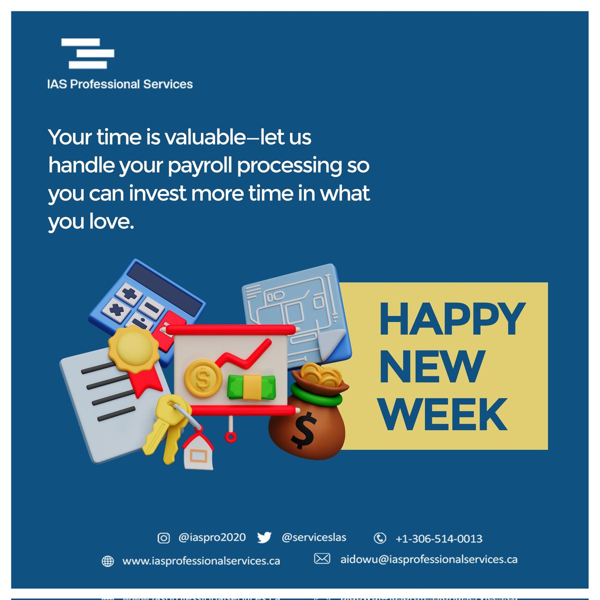 ServicesIas's tweet photo. Happy new week! 

Let us simplify your payroll processing, freeing you to focus on what truly matters. 

With our reliable, efficient service, say goodbye to payroll hassles

Start your week stress-free—trust us with the details! 

#payrollmadeeasy #iaspro #bookkeepingservices https://t.co/ZtOfPW2Vv4