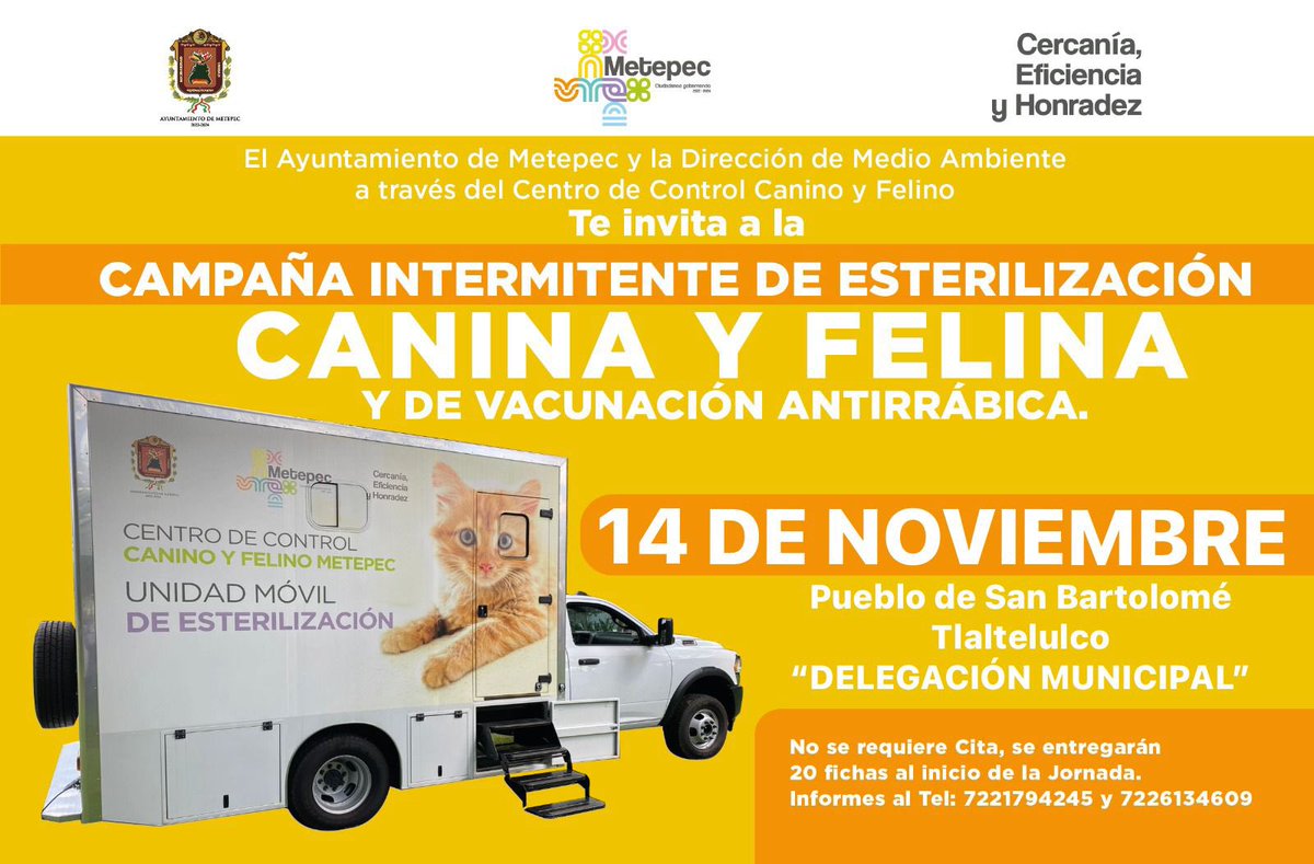 MetepecAmbiente's tweet photo. Acude a la “Séptima campaña móvil de esterilización canina y felina”, ahora también para perros y gatos en situación de calle. Recuerda que iniciamos en punto de las 9:00 horas. ¡No faltes!
#CiudadanosGobernando
#MetepetFriendly https://t.co/VtoEdnIeTW
