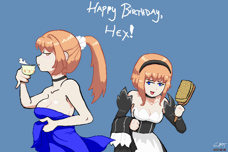 ThirdKeyOfSun's tweet photo. Happy Birthday, @hexundev !
This is Sheryl and Lucy, a couple of hexun's OCs
#pixelart https://t.co/UMFZGsGFY3