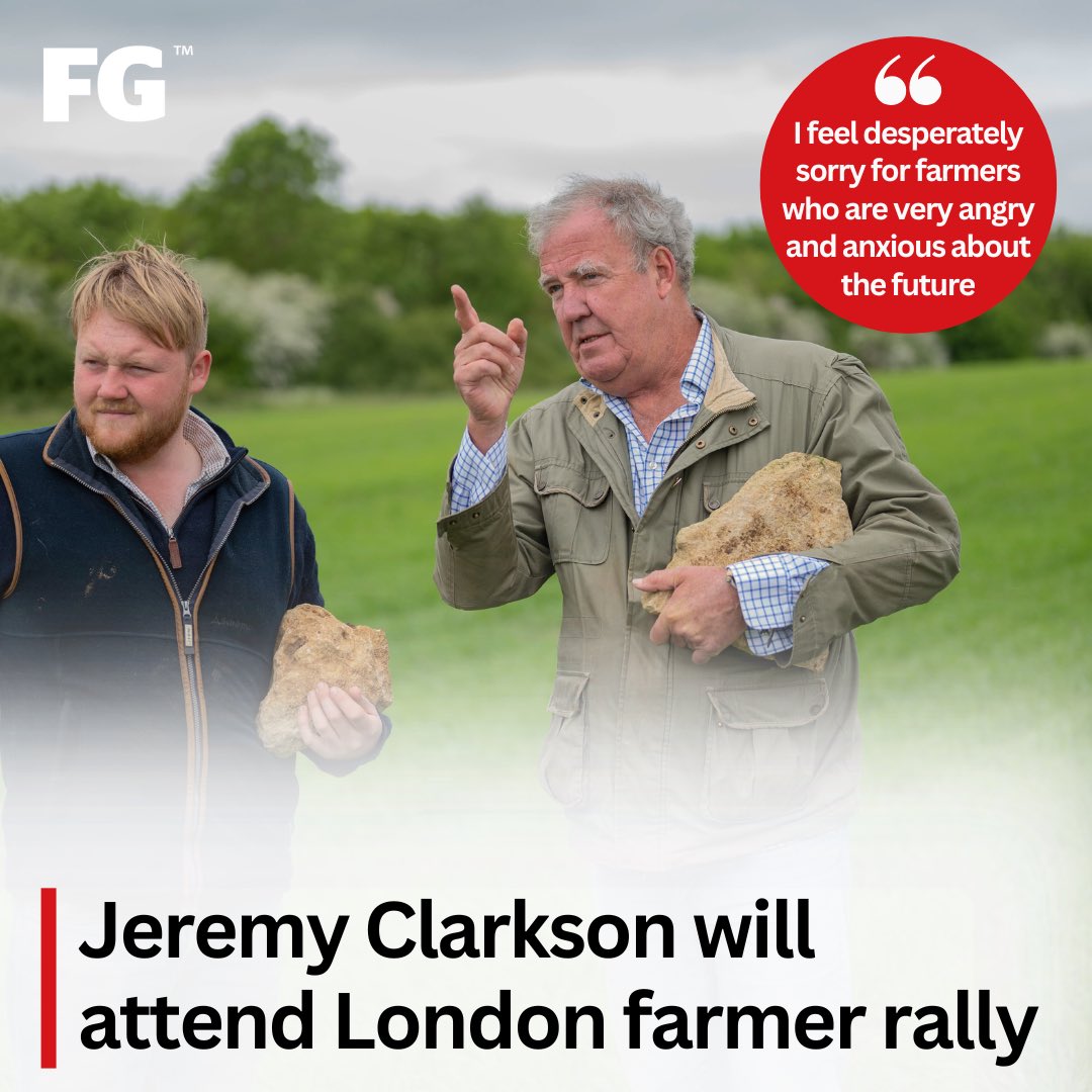 Jeremy Clarkson will attend the farmers' rally in London next week in protest of the Labour Government's changes to inheritance tax. ❌ 

Mr Clarkson has also called on a third-generation farmer to lead protests, insisting he was not the 'right person' to spearhead the movement.
