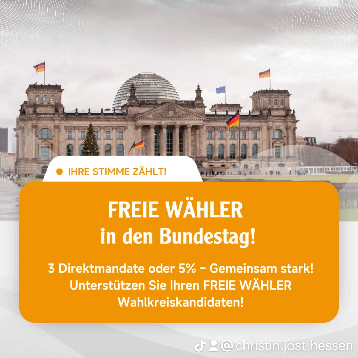 🗳️ FREIE WÄHLER in den Bundestag – Ihre Stimme zählt! 🌟 Wussten Sie, dass Ihre Stimme für die FREIEN WÄHLER nicht verschenkt ist? Mit nur 3 Direktmandaten oder 5% der Stimmen können wir den Einzug in den Bundestag schaffen! 💪
#FREIEWÄHLER #Bundestagswahl  #freiewaehler #btw25