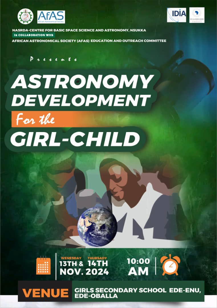 ⭐Girl-Child Astronomy Outreach⭐

Date: 13 - 14 November, 2024

⏰: 10:00 am

📍: Girls Secondary School Ede-Enu, Ede-Oballa, Nsukka.

#astronomy #afas #science #IDIA #cbss  #girlchild