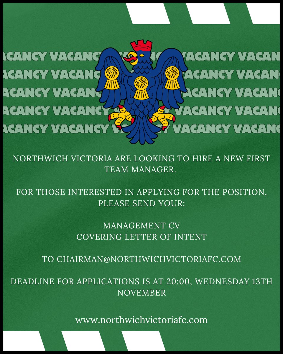 NorthwichVicsFC's tweet photo. 𝐅𝐈𝐑𝐒𝐓 𝐓𝐄𝐀𝐌 𝐌𝐀𝐍𝐀𝐆𝐄𝐑𝐈𝐀𝐋 𝐕𝐀𝐂𝐀𝐍𝐂𝐘

We are inviting applications for the vacant role of First Team Manager.

If interested, please see below 🔽

#NonLeague | #JobOpening | #FootballManagement https://t.co/MXS1kUFJR0