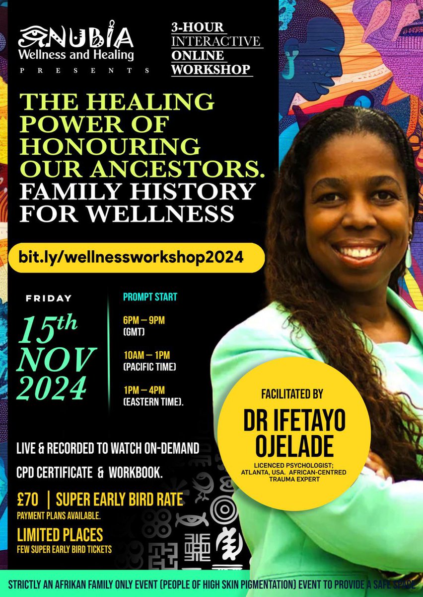 *THIS FRIDAY*

*THE HEALING POWER OF HONOURING
OUR ANCESTORS.
FAMILY HISTORY FOR WELLNESS*

3 Hour ONLINE

15 November 2024. 

Book now.

A Black only safe space. 

Book here 👇🏾

bit.ly/wellnessworksh…

Please circulate in your networks.