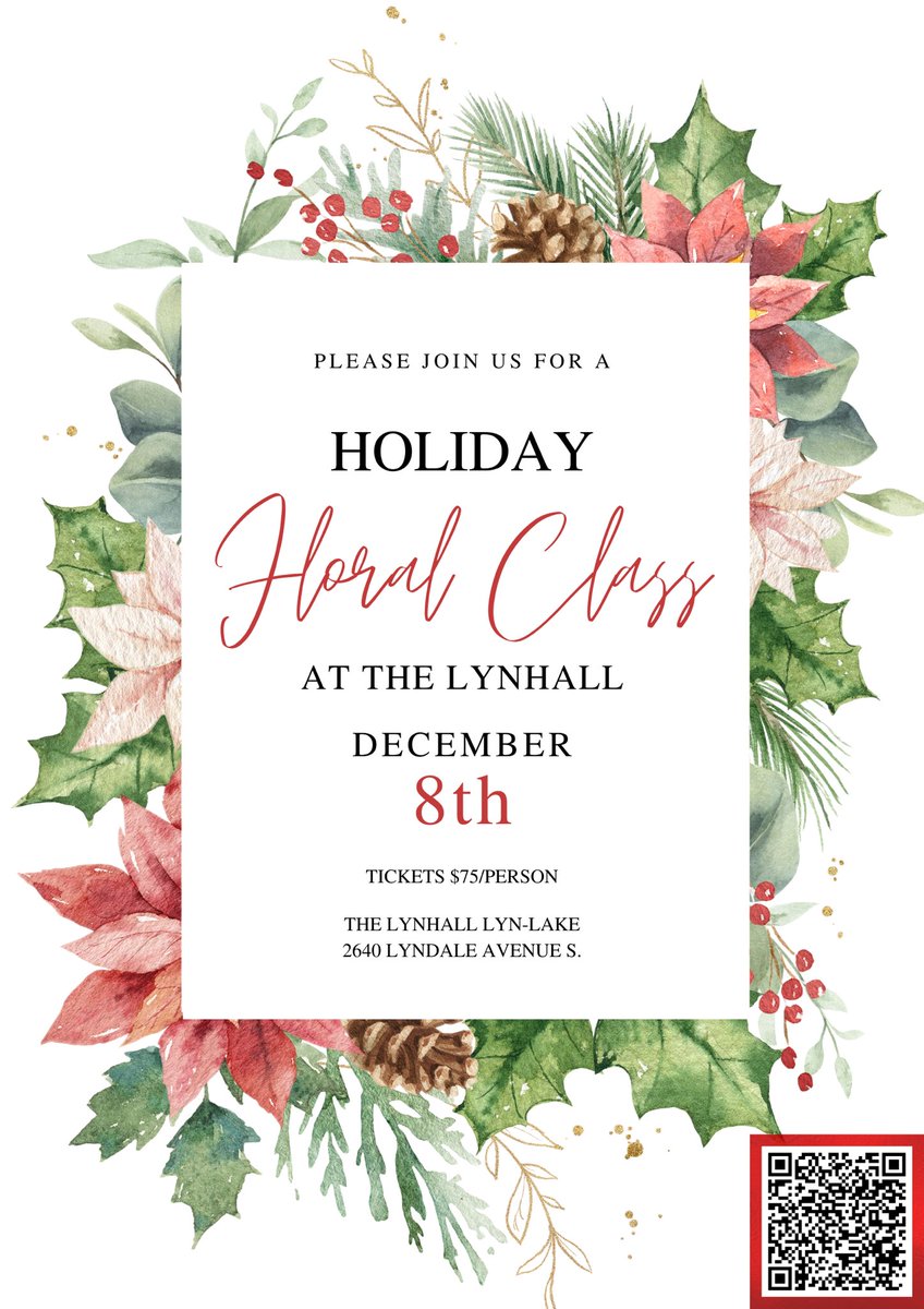💐 Get your tickets to our Holiday Floral Class on December 8th at 2pm! The Lynhall is partnering with The Flower Bar (@flowerbar.mpls) to offer a holiday floral arrangement experience.

Tickets at thelynhall.com