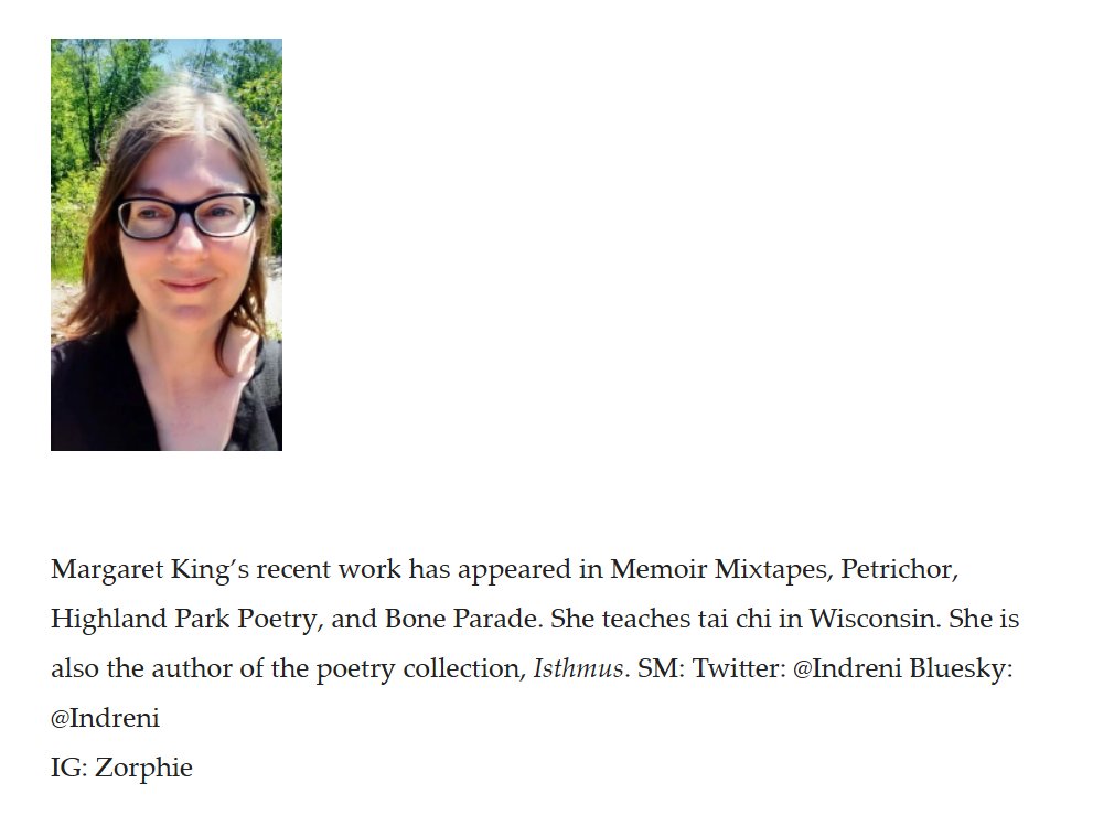 Margaret King! <a href="/Indreni/">The Magpie</a>  
Ice Floe New Works Nov. @icefloeP 
More about the author of this remarkable prose work &amp; link to the story. 

Solastalgia -  Prose by Margaret King icefloepress.net/2024/11/11/sol…