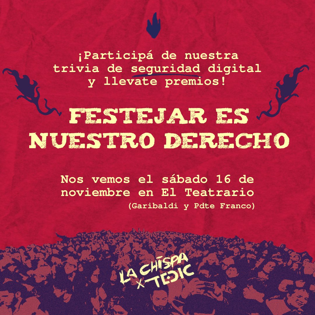 TEDIC (@tedicpy) on Twitter photo <a href="/LaChispaCultura/">Centro Cultural La Chispa 🔥</a> 🎉 Festejar es nuestro derecho y queremos que lo vivas al máximo. Participá de nuestra trivia de seguridad digital y llevate premios. 🎁💻
📍 Nos vemos el sábado 16 de noviembre en El Teatrario (Garibaldi y Pdte Franco). Vení a celebrar con nosotrxs este gran momento de arte, <a href="/LaChispaCultura/">Centro Cultural La Chispa 🔥</a> 🎉 Festejar es nuestro derecho y queremos que lo vivas al máximo. Participá de nuestra trivia de seguridad digital y llevate premios. 🎁💻
📍 Nos vemos el sábado 16 de noviembre en El Teatrario (Garibaldi y Pdte Franco). Vení a celebrar con nosotrxs este gran momento de arte,