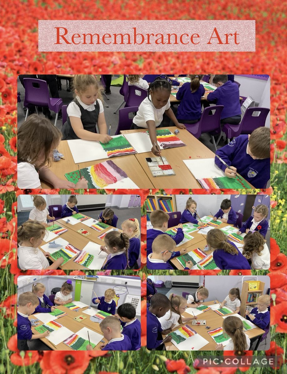 ellistonacademy's tweet photo. Over the past week, Jackal class have retrieved knowledge regarding art techniques to create a picture of poppy field. We have mixed colours for the sunset, added black to darken the green for the grass and learnt about pointillism to paint the poppies #EllistonArt https://t.co/VdUDMrFHDQ