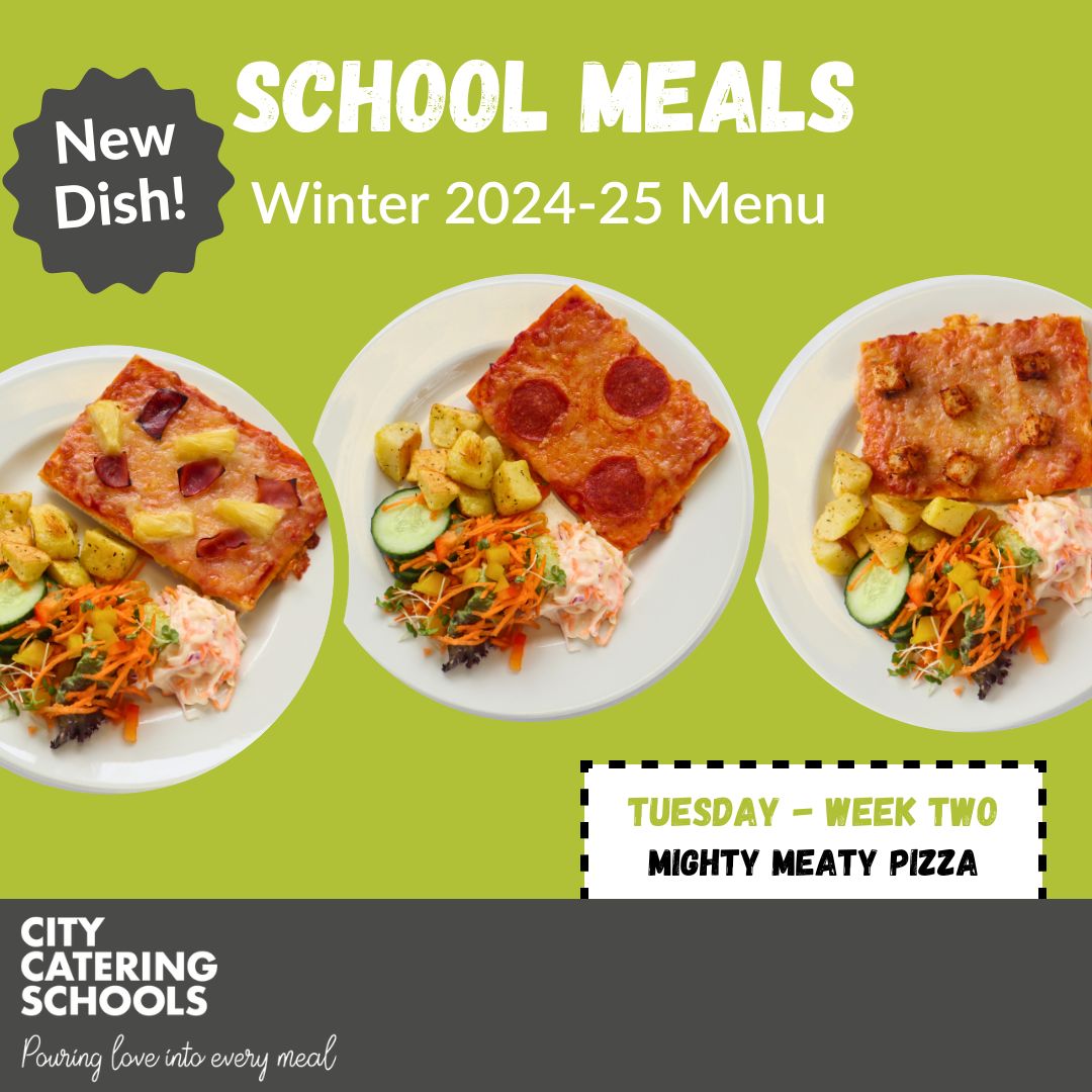CityCateringSou's tweet photo. NEW DISH! Mighty Meaty Pizza is on our Winter 2024-25 menu tomorrow, in most of our schools. We have a choice of Pepperoni, Spicy Chicken, or Ham & Pineapple.
View your school menu: https://t.co/AGzfwH2roo
#SchoolMeals #FoodForGood #NewMenu #Schools #PizzaTuesday https://t.co/HGXVe6IqLr