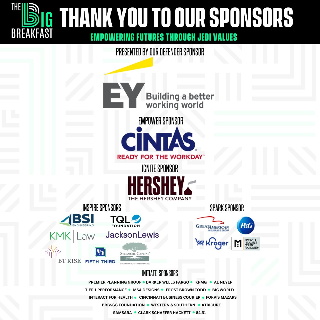 The Big Brothers Big Sisters of Greater Cincinnati BIG Breakfast is tomorrow, and we want to extend our heartfelt thanks to all our incredible sponsors! 

Your support makes this event possible! Thank you for igniting the potential in the youth of Greater Cincinnati! 💚🖤