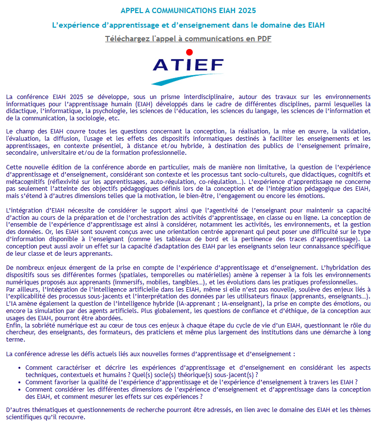 margaridaromero's tweet photo. 📢 Appel à communication –#EIAH2025 📢 10 au 13 juin 2025. Université de Lille. https://t.co/4boe79LUED Thème : L'expérience d’apprentissage et d’enseignement dans le domaine des EIAH. #LearningExperience https://t.co/jlm28QPqDh