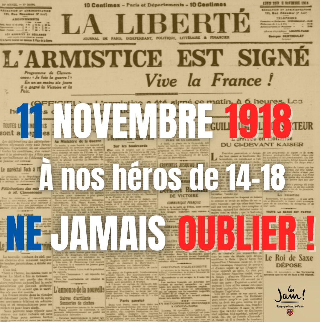 En ce 11 novembre, nous honorons nos héros de 14-18.

Il est essentiel de commémorer leur sacrifice pour notre liberté et nos valeurs. 

Ne jamais oublier. 🇫🇷